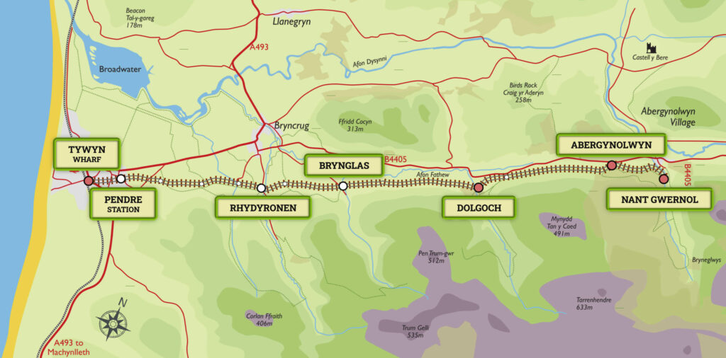 A map of the route of the Talyllyn Railway. Starting at Tywyn Wharf, and travelling to Nant Gwernol. The railway route passes through Pendre station, Rhydyronen, Brynglas, Dolgoch, and Abergynolwyn too.